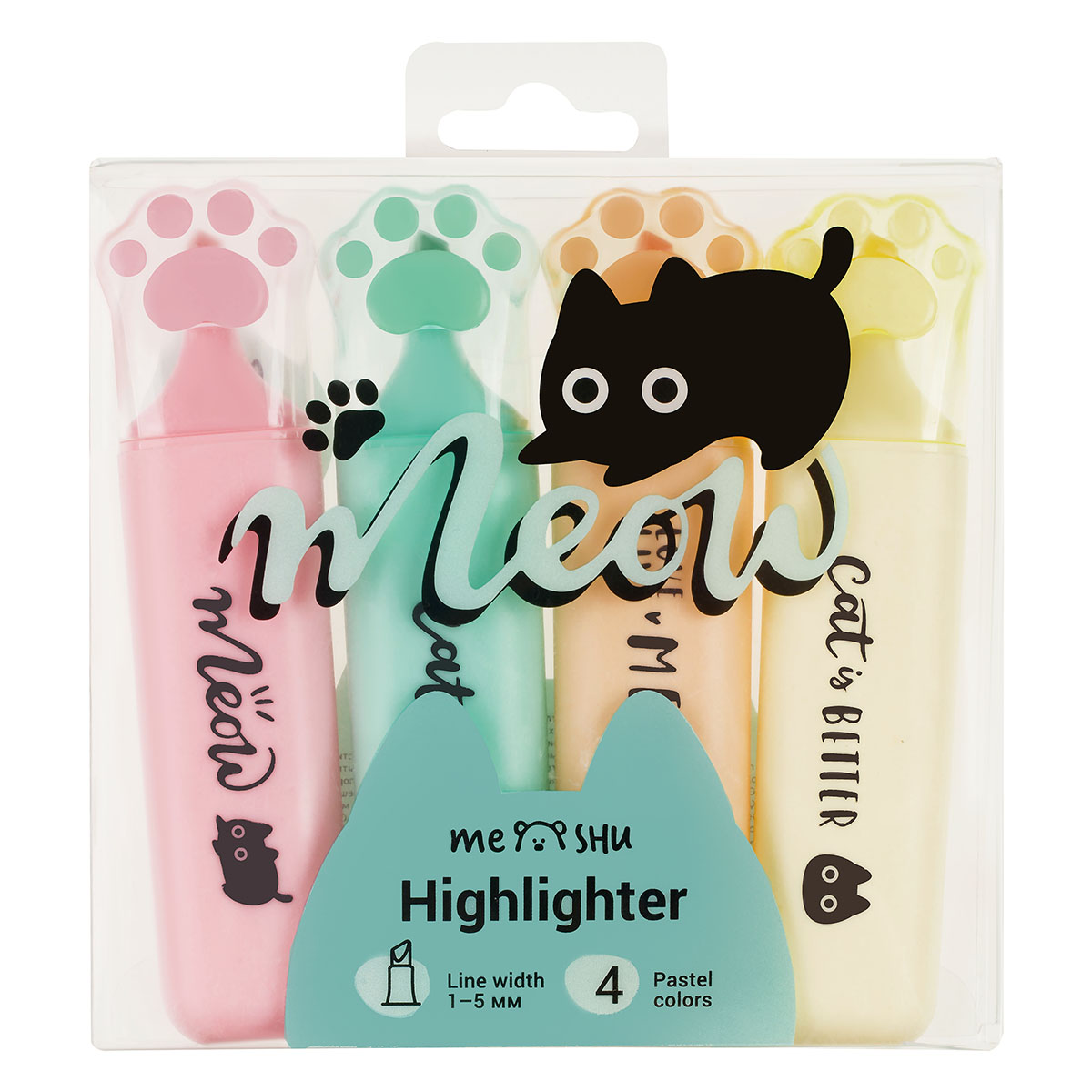 Набор текстовыделителей MESHU "Live, Life, Meow", 04цв., пастельные цвета, 1-5 мм, ПВХ бокс с европодвесом