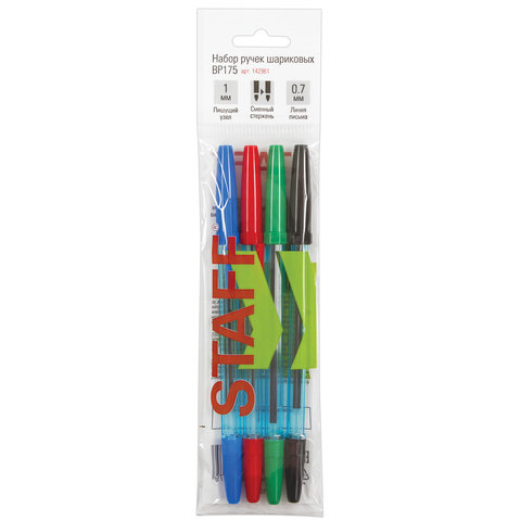 Ручки шариковые STAFF "Office", НАБОР 4 шт., АССОРТИ, узел 1 мм, линия письма 0,7 мм, 142961