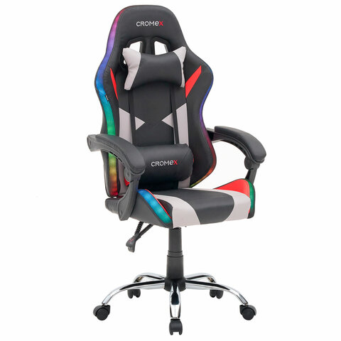 Кресло компьютерное CROMEX "Quantum GM-155 RGB", подсветка, две подушки, экокожа, черное/красное/серое, 532955