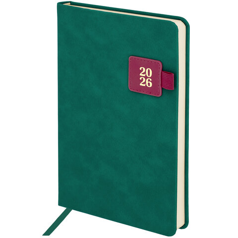 Ежедневник датированный 2026 А5 138х213 мм, BRAUBERG "Accent", под кожу, держатель, зеленый/бордо, 117387