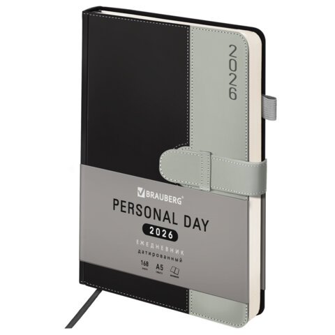 Ежедневник датированный 2026, А5, 138х213 мм, BRAUBERG "Esthetic", под кожу, держатель для ручки, застежка, черный/серый, 117372