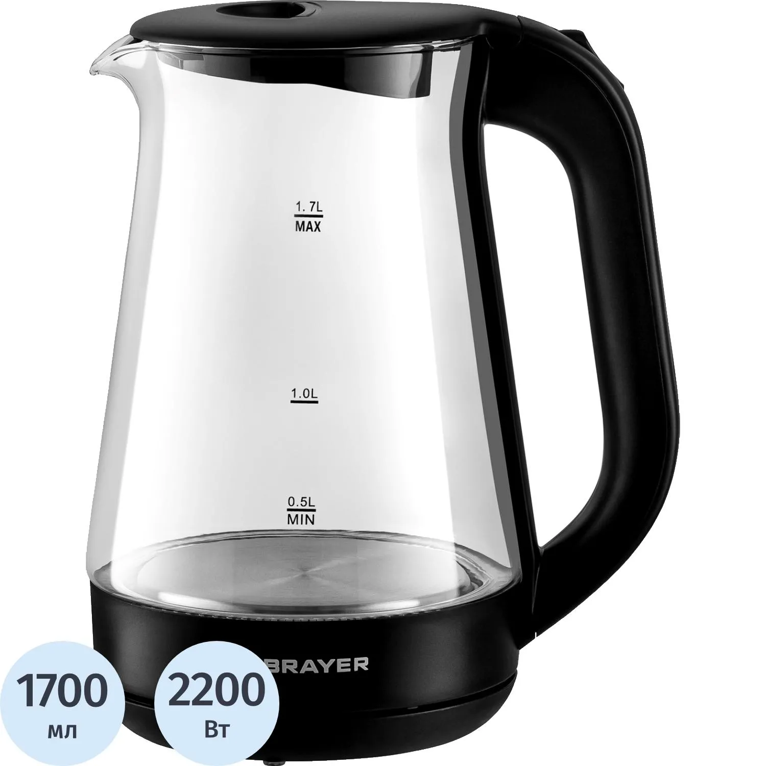 Чайник BRAYER 6112BR-BK. 2200Вт, 1,7л,электрич,стеклян.корп,автоотключ