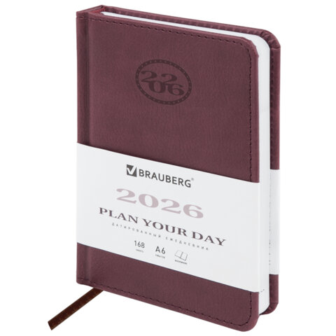 Ежедневник датированный 2026, МАЛЫЙ ФОРМАТ 100х150 мм, А6, BRAUBERG "Favorite", под кожу, коричневый, 117249