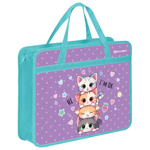 Папка на молнии с ручками BRAUBERG А4, 1 отделение, пластик, 80 мм, "Funny kittens", 273368