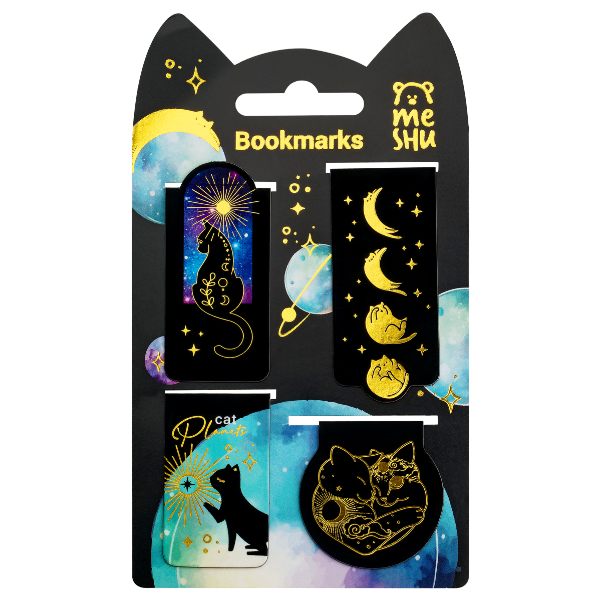 Закладки магнитные для книг, 4шт., MESHU "Moon cat", софт-тач, фольга