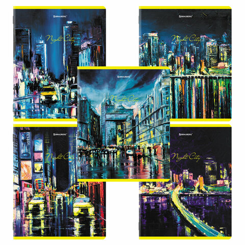 Тетради КОМПЛЕКТ 5 шт. А5, 48 л., BRAUBERG скоба, клетка, TWIN лак, "Night City", 404396