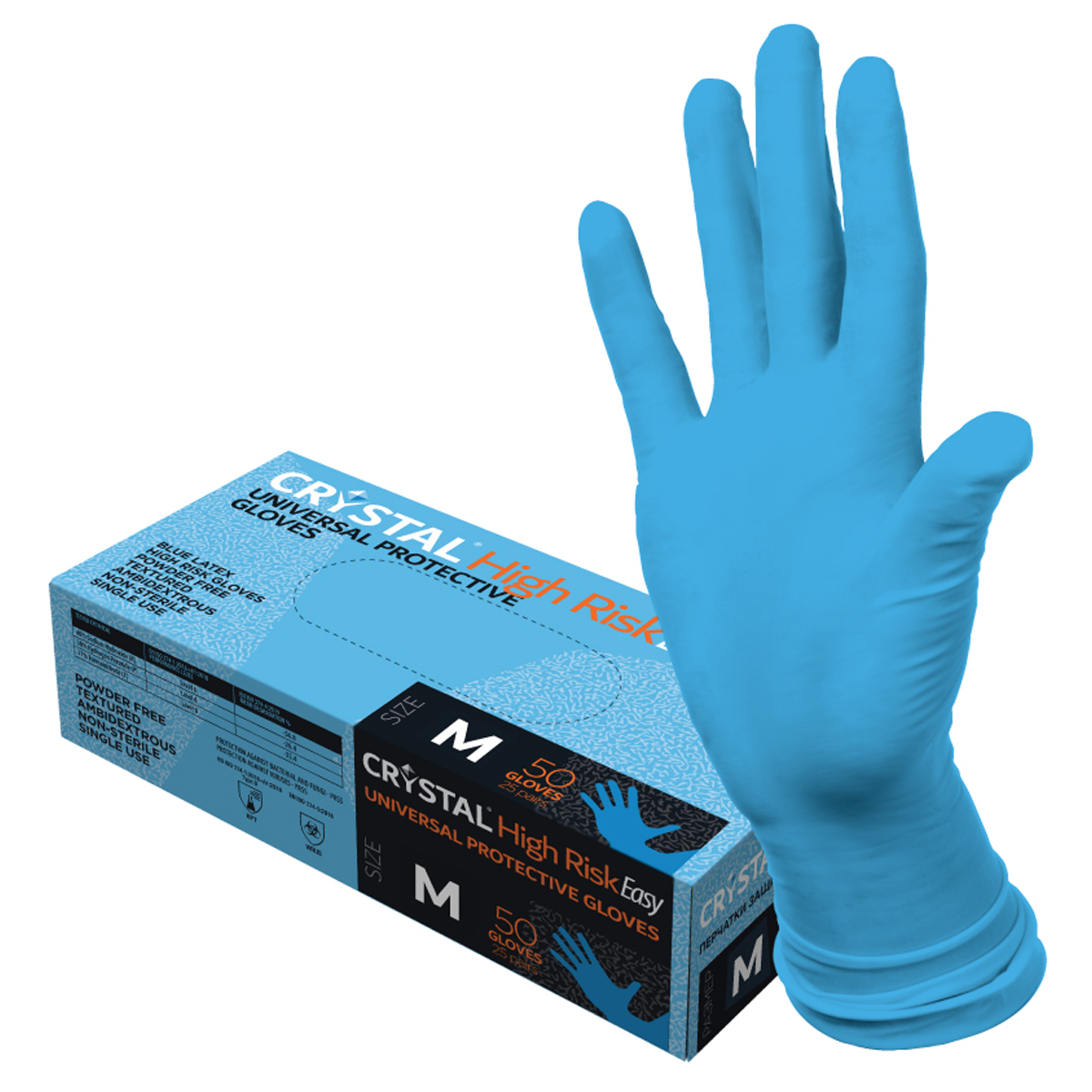 Перчатки латексные CRYSTAL HIGH RISK Easy, М, 25 пар (50шт), универсальные, нестер. неопудренные, синие