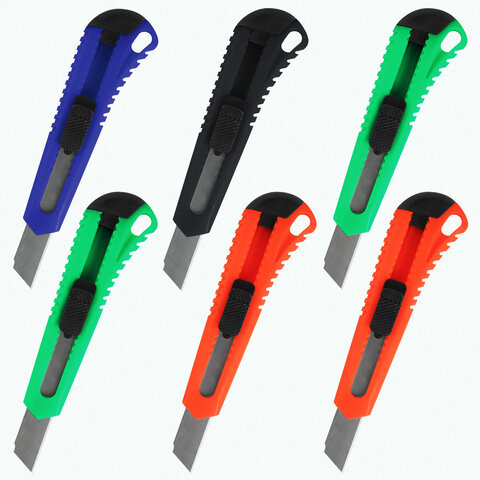 Нож канцелярский 18 мм, КОМПЛЕКТ "5 шт. + 1 шт. В ПОДАРОК", фиксатор, блистер, BRAUBERG "Classic", 238773