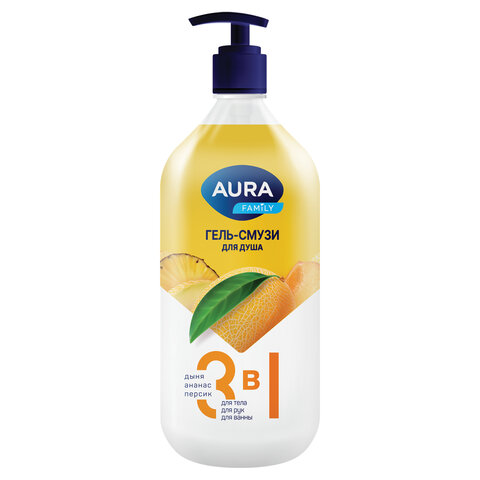 Гель-смузи для душа 3 в 1 для тела, рук и ванны 1 л, AURA FAMILY "Дыня, ананас, персик", дозатор, 14950
