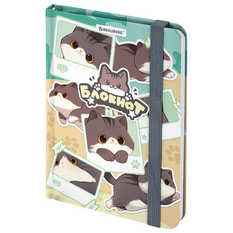 Блокнот с резинкой в клетку 96л, МАЛЫЙ ФОРМАТ А6 109х148, твердый, BRAUBERG МИЛЫЕ КОТЫ, 116991