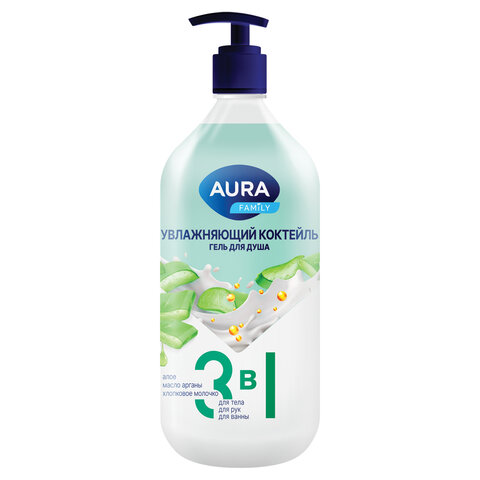Гель для душа 3 в 1 для тела, рук и ванны 1 л, AURA FAMILY "Увлажняющий коктейль", дозатор, 14953