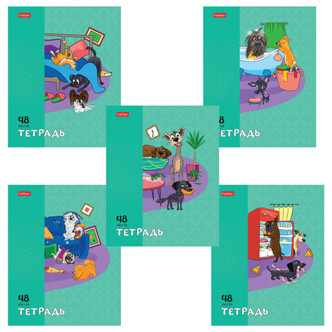 Тетрадь А5 48 л., HATBER скоба, клетка, обложка картон, "Dog mafia" (микс в спайке), 48Т5В1