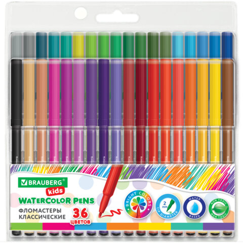 Фломастеры BRAUBERG KIDS КЛАССИЧЕСКИЕ 36 цветов, вентилируемый колпачок, ПВХ-упаковка, 152603