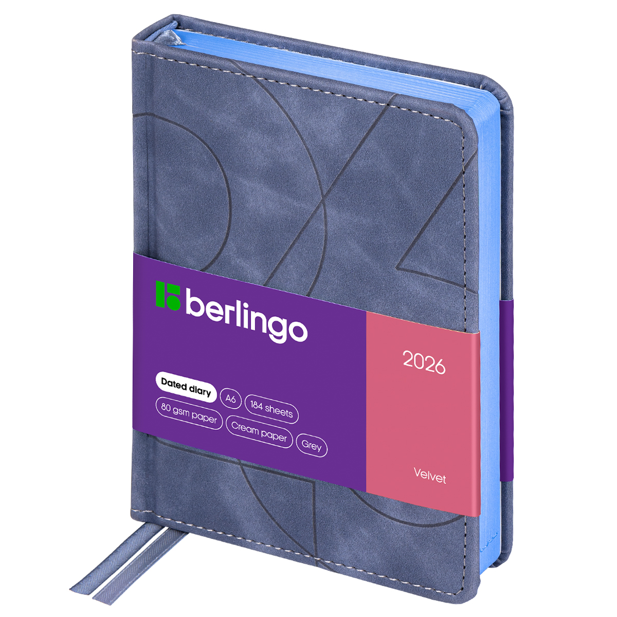 Ежедневник датированный 2026г., А6, 184л., кожзам, Berlingo "Velvet", цветной срез, серый