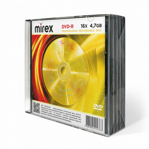 Диски DVD-R MIREX, 4,7 ГБ 16x Slim Case, КОМПЛЕКТ 5 шт, UL130003A1F