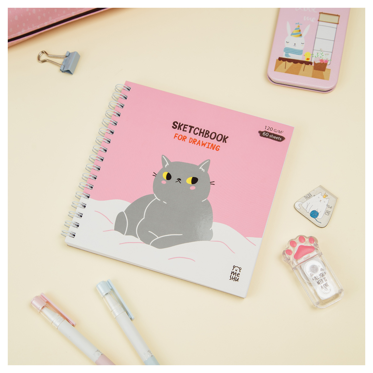 Скетчбук 60л., 150*150 MESHU "Серый комочек", на гребне, 120г/м2, выб. лак, soft-touch