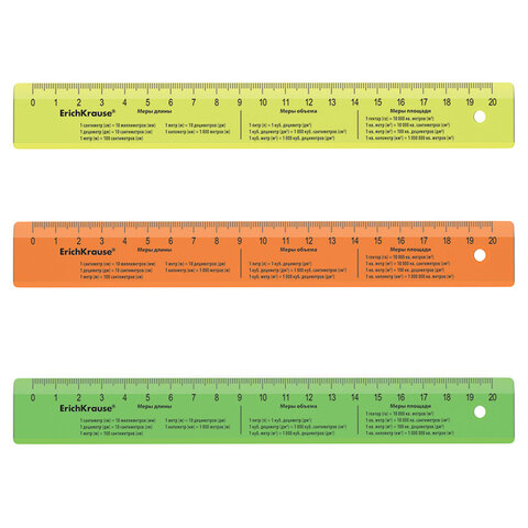Линейка пластиковая 20 см, ERICH KRAUSE "NEON", с единицами измерения, ассорти, 55502