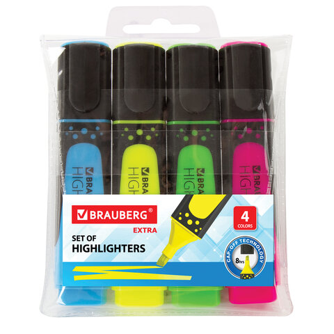 Набор текстовыделителей BRAUBERG 4 шт., АССОРТИ, "SUPER", прорезиненный корпус, линия 1-5 мм, 151746