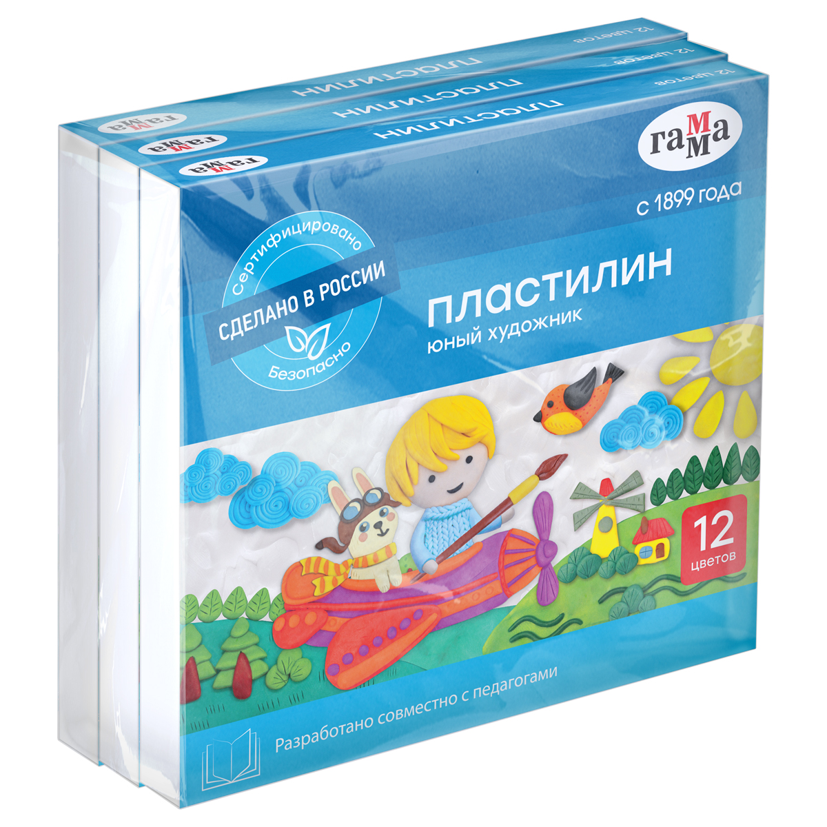 Пластилин Гамма "Юный художник",синий, 12 цветов, 168г, со стеком, картон. упак. (3шт.) т/у
