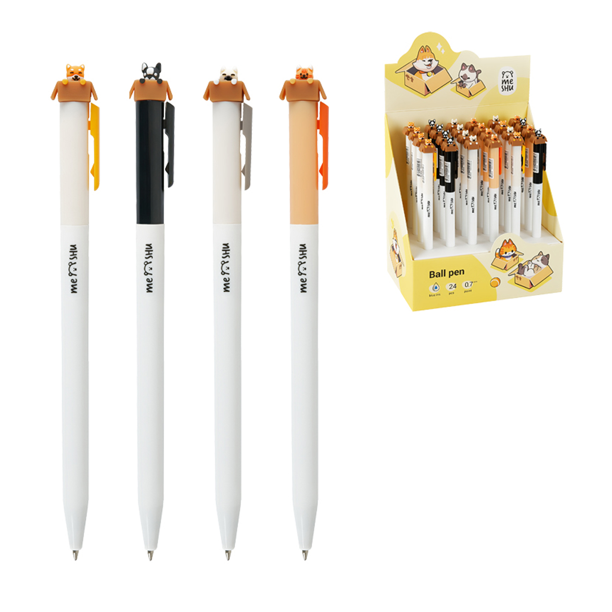 Ручка шариковая автоматическая MESHU "Meow&Woof", синяя, 0,7мм, корпус ассорти, с топпером