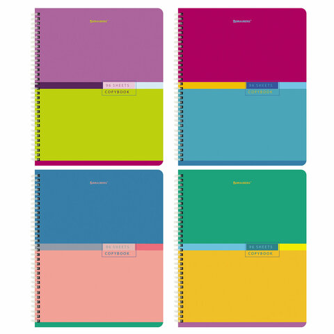 Тетради КОМПЛЕКТ 4 шт., А5, 96 л., BRAUBERG гребень, клетка, глянцевый лак, "Color", 404403