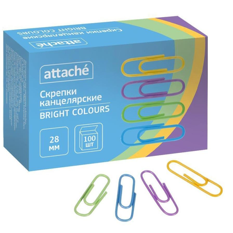 Скрепки Attache Bright Colours полимерные, 28 мм, 100 шт. в уп
