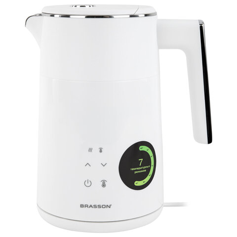 Чайник с двойными стенками, терморегулятором и дисплеем BRASSON (БРАССОН) KT-264, 1,5 л, 2200 Вт, 7 температурных режимов, белый, 455193