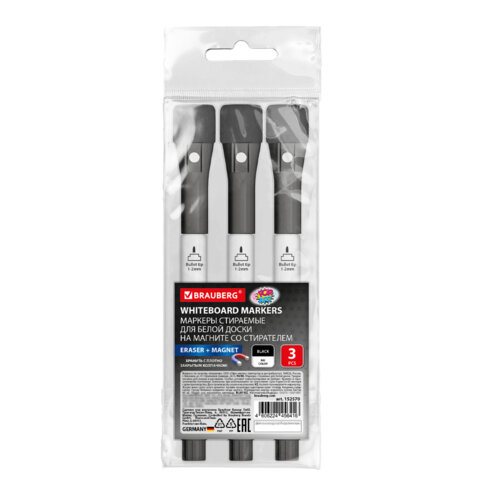 Маркеры на магните со стирателем для белой доски и планера, 3 ШТУКИ, ЧЕРНЫЕ, BRAUBERG POP-ART, 1-2 мм, 152570