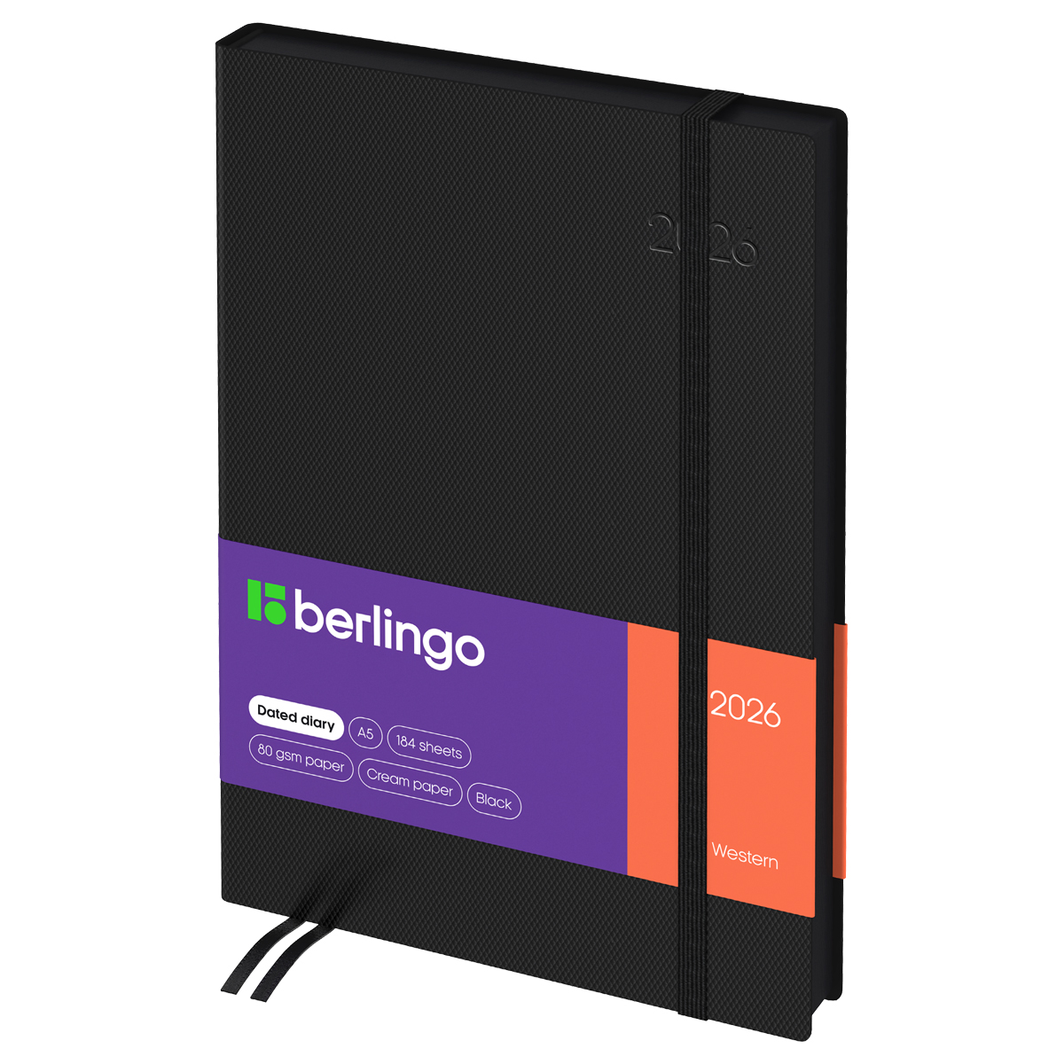 Ежедневник датированный 2026г., А5, 184л., кожзам, Berlingo "Western", черный, с резинкой