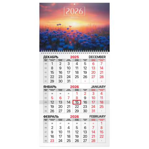 Календарь квартальный на 2026 г., 1 блок, 1 гребень, бегунок, мелованная бумага, BRAUBERG, "Васильковый луг", 116751