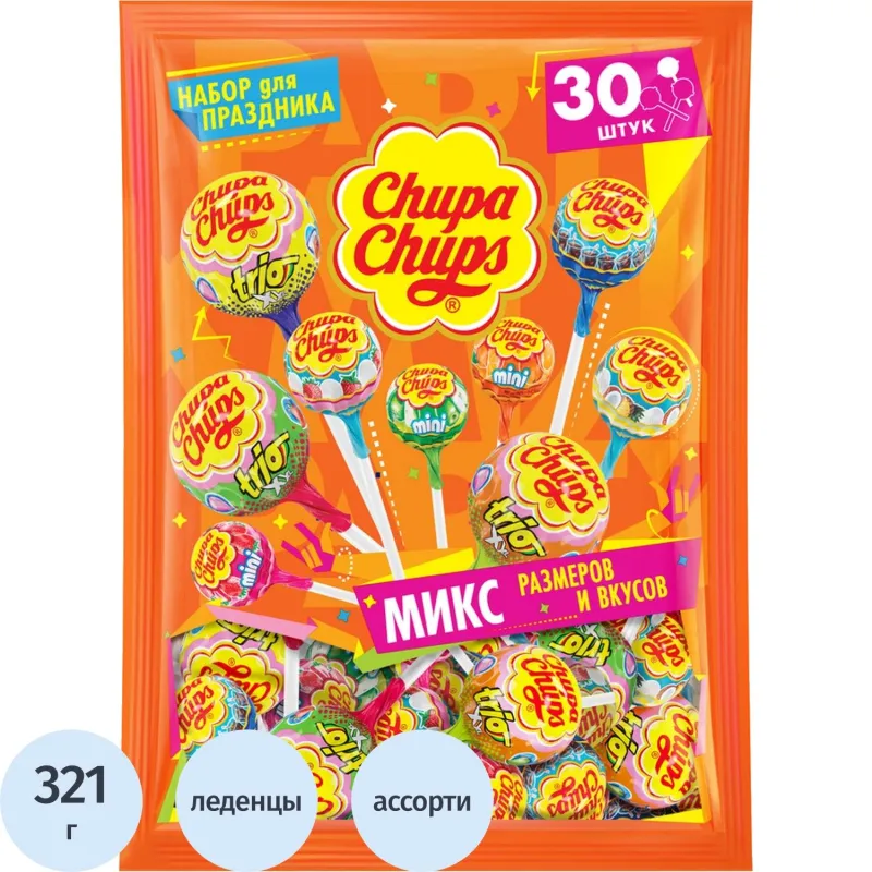 Карамель Chupa Chups PARTY PACK ассорти микс размеров и вкусов, пакет 321г