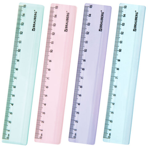Линейка пластиковая 15 см BRAUBERG "PASTEL", тонированная, ассорти, 117012