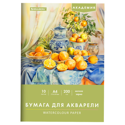 Папка для акварели А4, 10л., 200 г/м2, 210х297мм, BRAUBERG АКАДЕМИЯ, "Апельсины", 117743