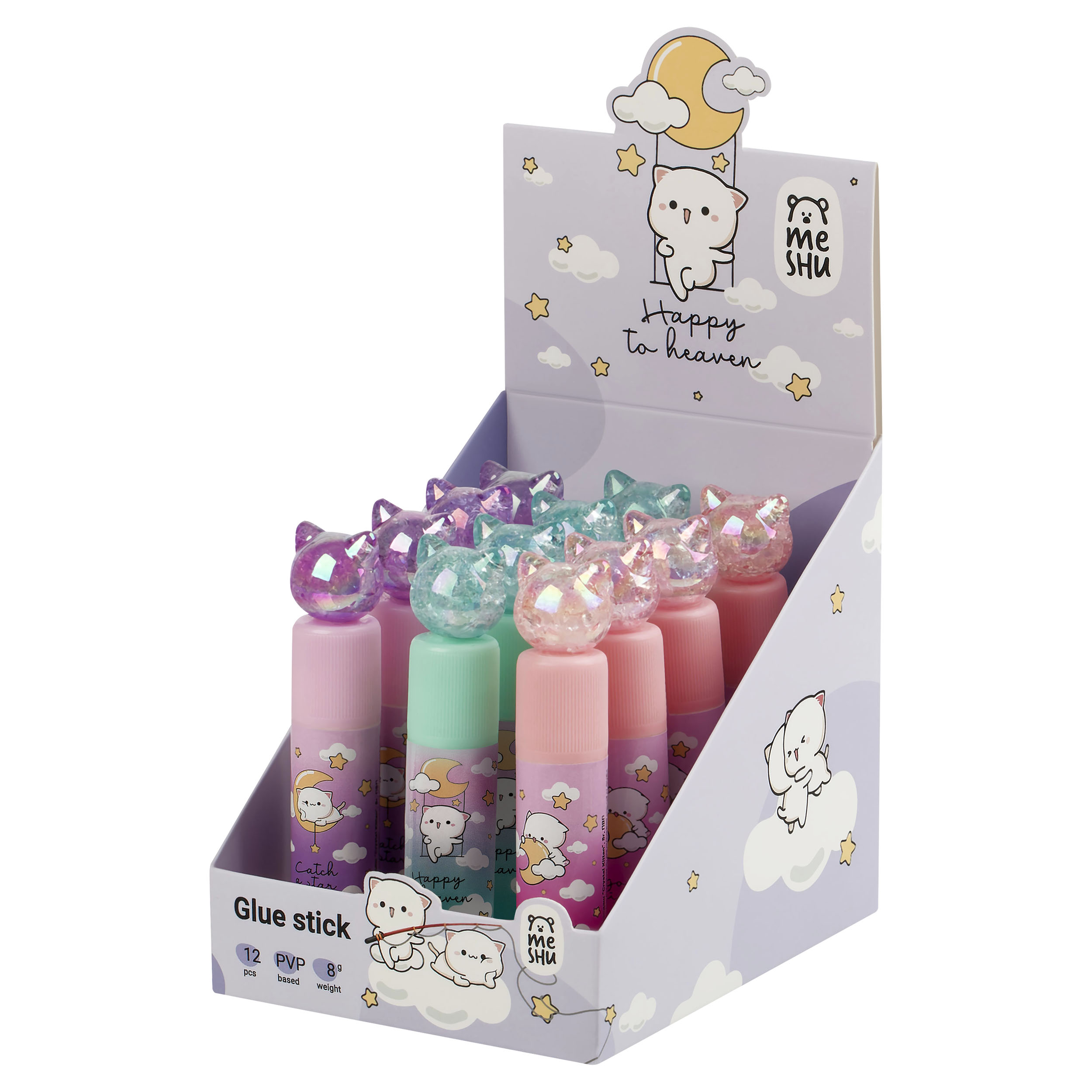 Клей-карандаш MESHU с топпером "Crystal Kitten", 8г, дисплей бокс, ПВП, ассорти