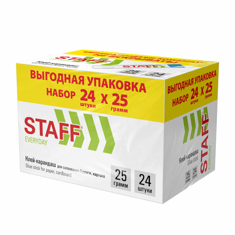 Клей-карандаш 25 г, ВЫГОДНАЯ УПАКОВКА, КОМПЛЕКТ 24 ШТУКИ, STAFF EVERYDAY, 273018