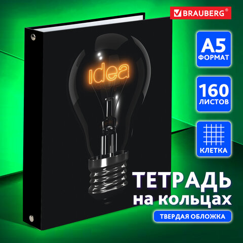 Тетрадь на кольцах А5 175х215 мм, 160 л., твердый картон, клетка, BRAUBERG, "Idea", 404091