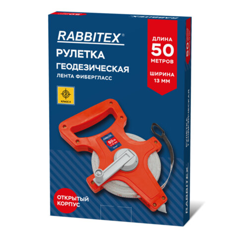 Рулетка геодезическая 50 м х 13 мм, лента фибергласс, открытый корпус, RABBITEX (РАББИТЕКС), 671368