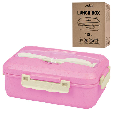 Ланч-бокс контейнер, 1 секция, 3 отделения, 1,4 л, ложка, вилка, 8х21х14 см, розовый, JOYLUX (ДЖОЙЛЮКС) ECO, 609345