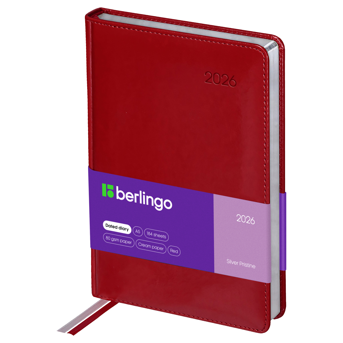 Ежедневник датированный 2026г., А5, 184л., кожзам, Berlingo "Silver Pristine", сер. срез, красный