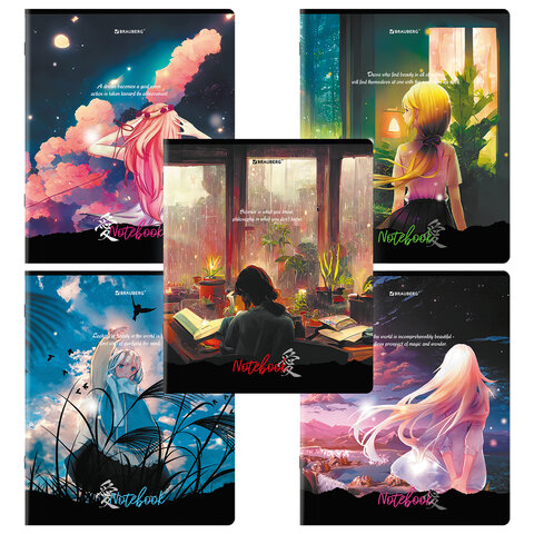 Тетради ДЭК А5 48 л. КОМПЛЕКТ 5 шт., BRAUBERG скоба, клетка, глянцевый лак, "Anime Dreams", 404674