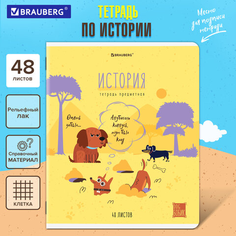 Тетрадь предметная DOG БОБИК 48л, TWIN лак, ИСТОРИЯ, клетка, подсказ, BRAUBERG, 404789