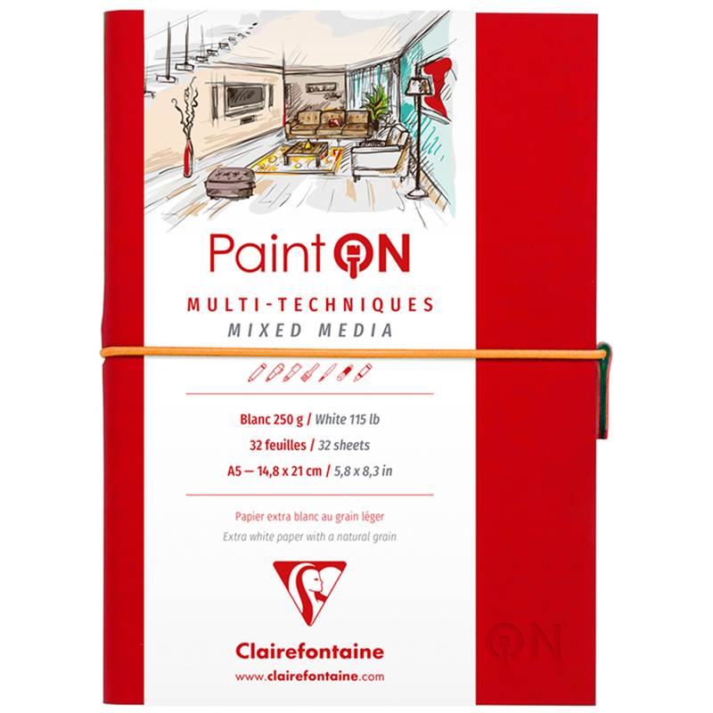Скетчбук для смешанных техник 32л., А5 Clairefontaine "Paint ON", на сшивке, 250г/м2, мелкозерн., резинка, кожзам