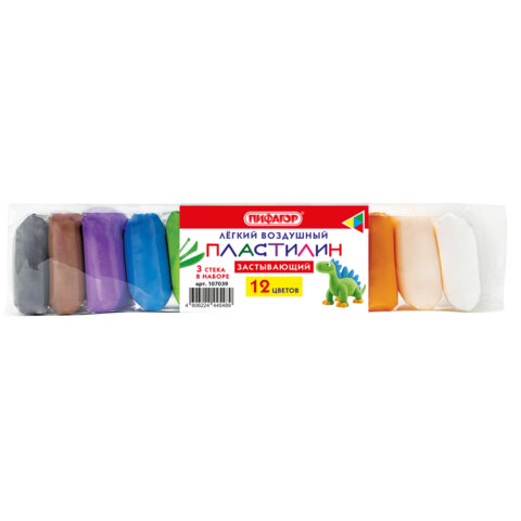 Пластилин лёгкий воздушный застывающий 12 цветов, 110 г, 3 стека, ПИФАГОР, 107039
