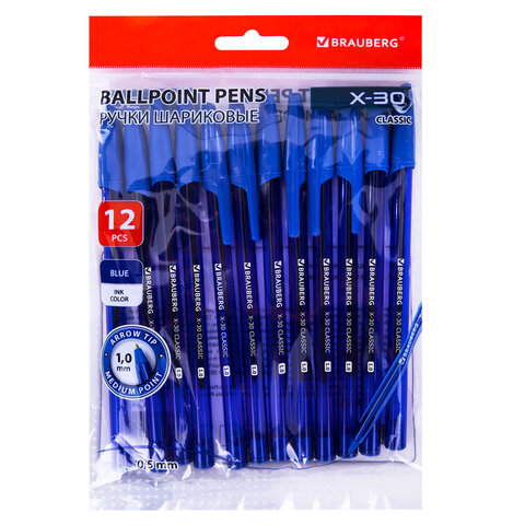 Ручки шариковые BRAUBERG X-30 CLASSIC, КОМПЛЕКТ 12 ШТ., СИНИЕ, пишущий узел 1 мм, линия письма 0,5 мм, 144332