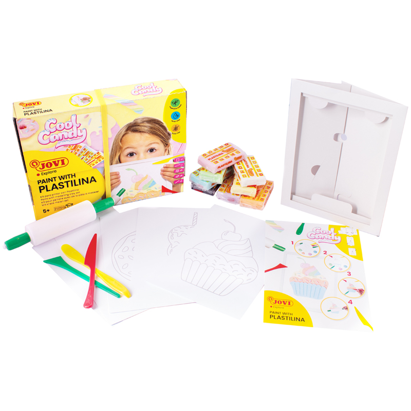Набор для рисования пластилином Jovi "Сладости", пластилин на растительной основе 8цв*25г, 3 стека, скалка, 5 листов - раскрасок, картон. уп.