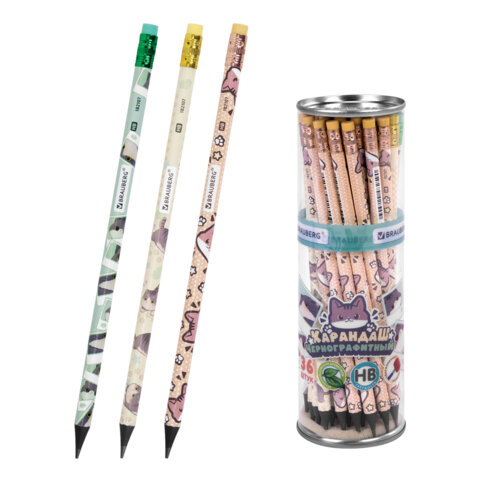 Карандаш чернографитный с принтом кросс-серия МИЛЫЕ КОТЫ, 1 шт., HB, ластик, ассорти, BRAUBERG, 182107