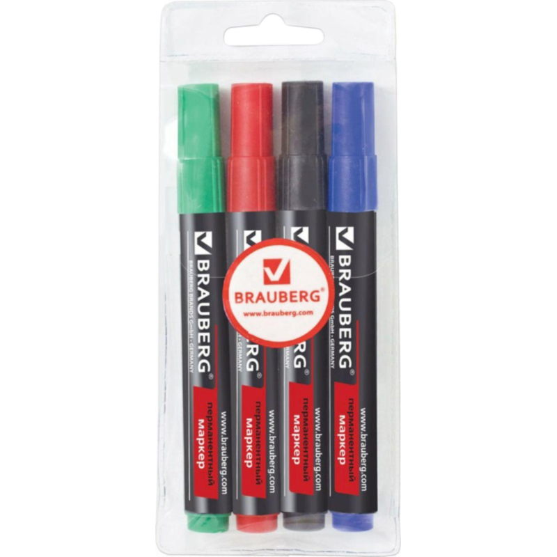 Маркер перманентный BRAUBERG нестираемый,АССОРТИ,Contract,без клипа,4шт/наб