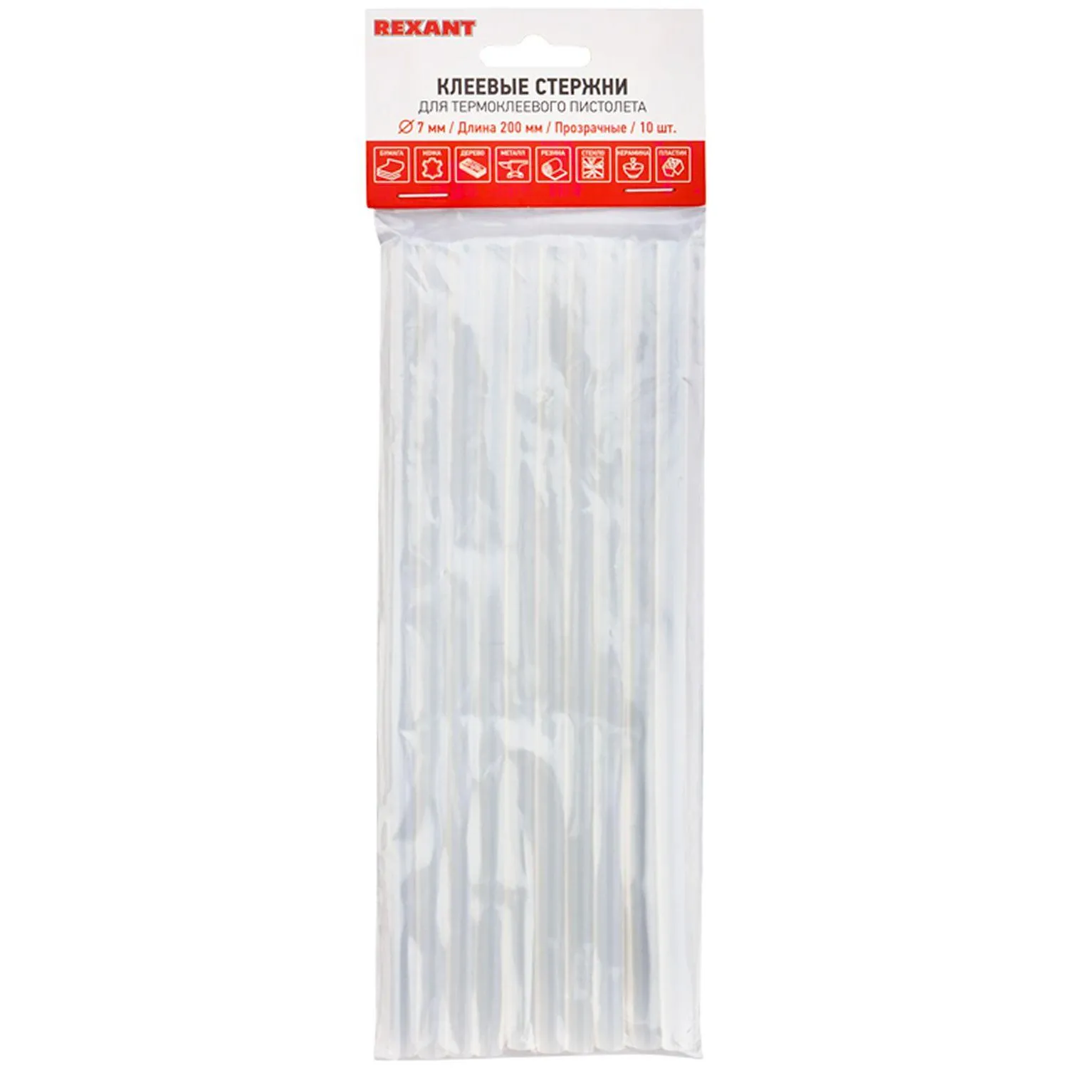 Стержни клеевые O7мм, 200мм, прозрачные (10 шт/уп), хедер REXANT 09-1103