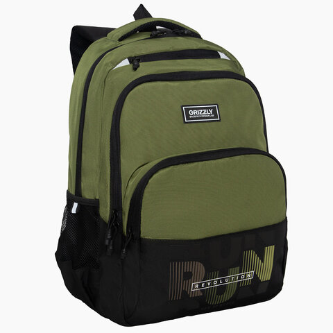 Рюкзак GRIZZLY школьный, анатом. спинка, 2 отделения, д/мальч., RUN, хаки 45х32х23 см, RU-530-6/3