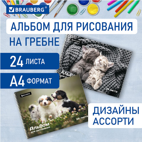 Альбом д/рис. А4 24л., гребень, обложка картон, BRAUBERG, 205х290мм, Питомцы (2 вида), 106696